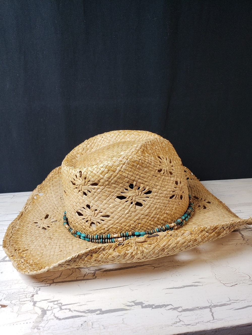 Distressed Style Straw Cowboy Hat with Faux Turquoise Beaded Hatband - OS Unisex - Picture 4 of 14